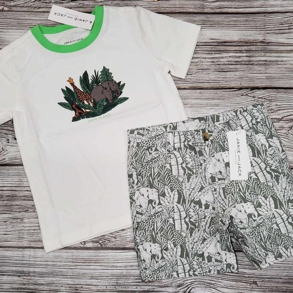 Janie & Jack Jungle Safari T-Shirt and Elephant Print Shorts Set NWT Super Soft